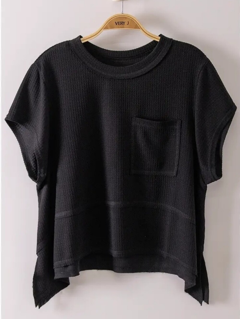 Black Short-Sleeve Waffle Knit Pocket Top